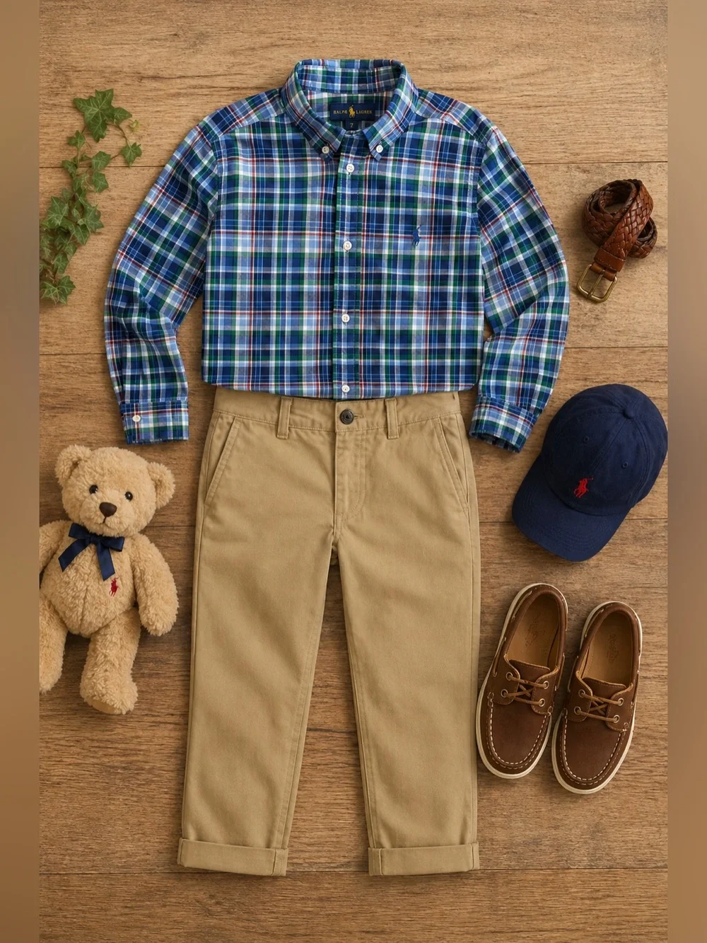 Polo Ralph Lauren Boys 7 Blue Green Plaid Cotton Long Sleeve Button Down Shirt